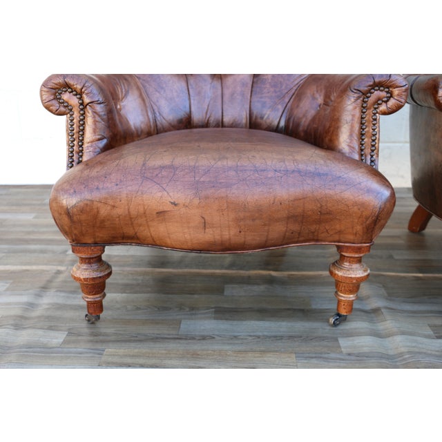 Pair of Vintage 1980s Distressed Brown Leather Tufted Library Armchairs For Sale - Image 10 of 18