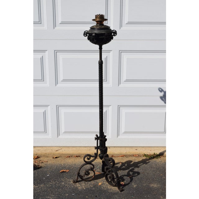 Metal Antique Mid 19th Century Adjustable Wrought Iron Floor Oil Lamp Marked Duplex & B&H Mfg For Sale - Image 7 of 12