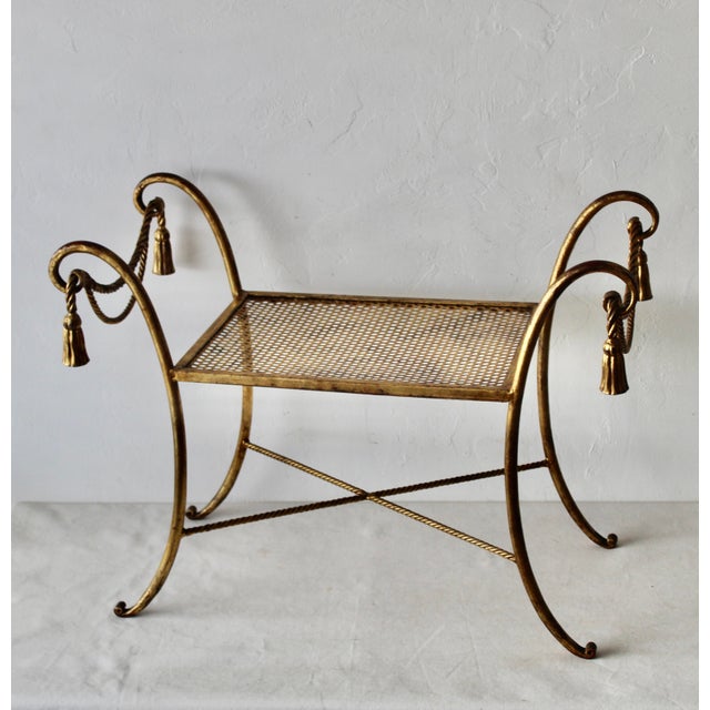 1950s Italian Gilded Scroll Rope Tassel Bench Hollywood Regency For Sale - Image 4 of 15