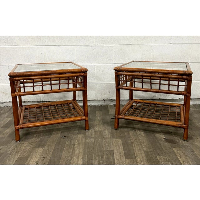 Wood Vintage MCM Style Organic Rattan and Glass Lattice Side Tables End Tables - Pair For Sale - Image 7 of 11