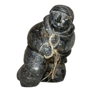Antique Hand Carved Soapstone Canadian Figural Fisherman Eskimo Sculpture Inuit For Sale