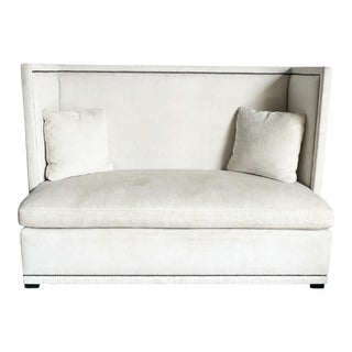 Bernhardt Ivory Fabric With Brushed Metal Nails Marcourt Banquette Sofa For Sale