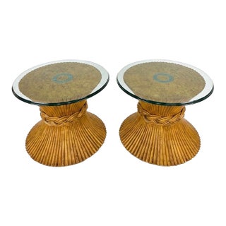 Pair of Vintage Gabriella Crespi Style Pencil Reed & Rattan Hourglass Side Tables For Sale