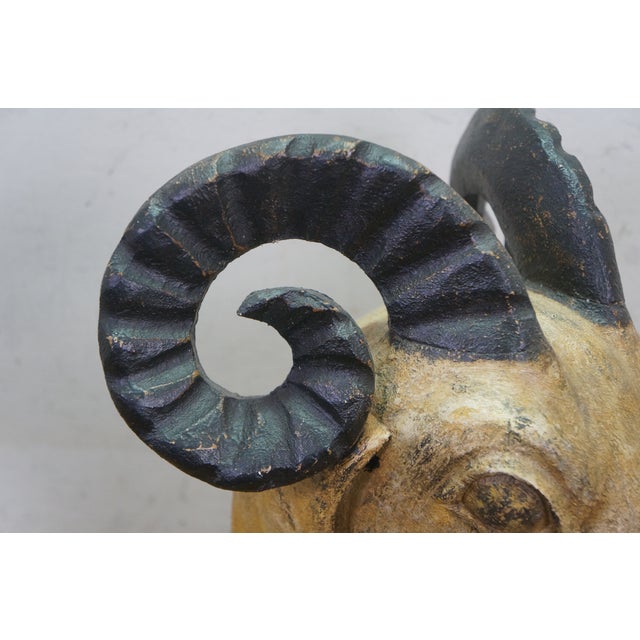 Vintage Indo Persian Carved Wood Ram Head Bust Sculpture on Stand 18" For Sale - Image 9 of 16