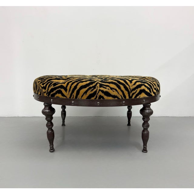 Hollywood Regency Vintage Tiger Print Tufted Ottoman For Sale - Image 3 of 7