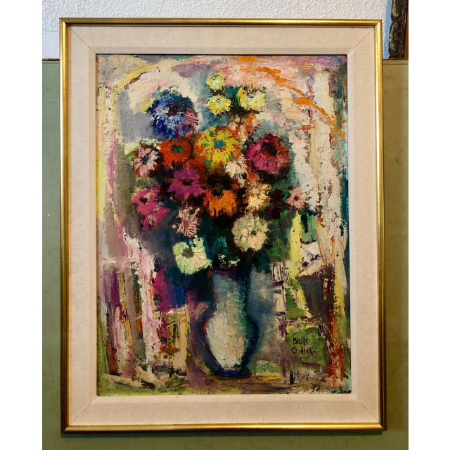 Pink Belle Golinko, Mid Century Jewish Expressionist Oil Painting Floral Vibrant Colorful Flowers For Sale - Image 8 of 9