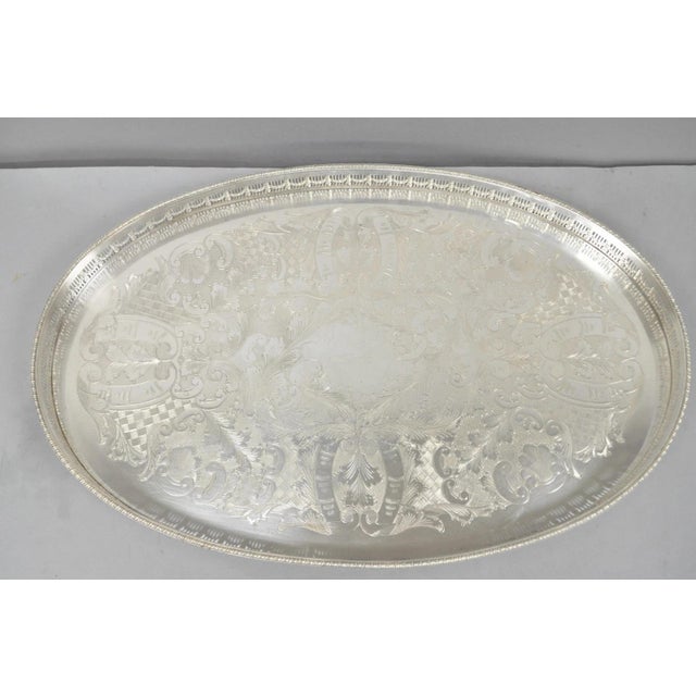 Vintage Viners of Sheffield Edwardian Silver Plated Raised Gallery Oval Tray For Sale - Image 11 of 15