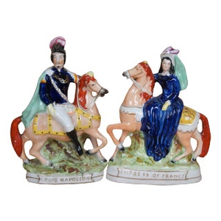 Antique Pair Staffordshire Louis Napoleon Empress of France Horse Figurines For Sale