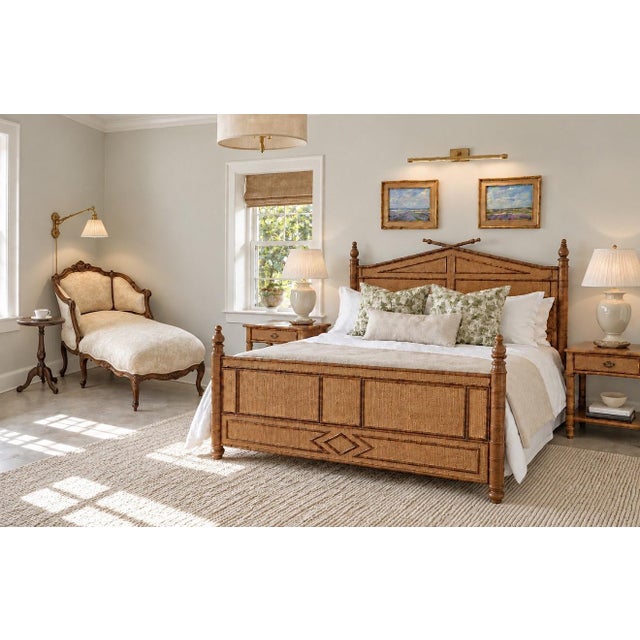 British Colonial Style Faux Bamboo and Rattan Queen Bed in Tortoise Finish For Sale - Image 16 of 16