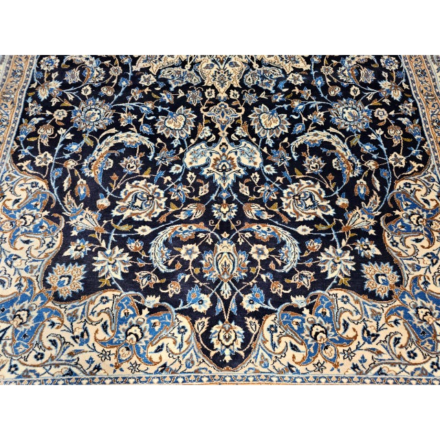 Vintage Persian Nain Area Rug, Hand-Knotted Wool & Silk, Floral Pattern, 7x11, Navy & Ivory For Sale - Image 13 of 17