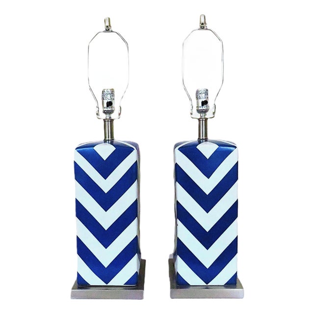 Pair of Blue & White Chevron Striped Table Lamps For Sale