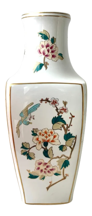1980s Vintage Modern Gilt Floral and Bird Design Porcelain Vase From Hollohaza Hungary