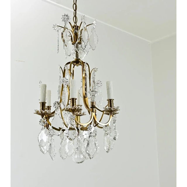 Brass French Vintage Petite Brass & Crystal Chandelier For Sale - Image 8 of 12