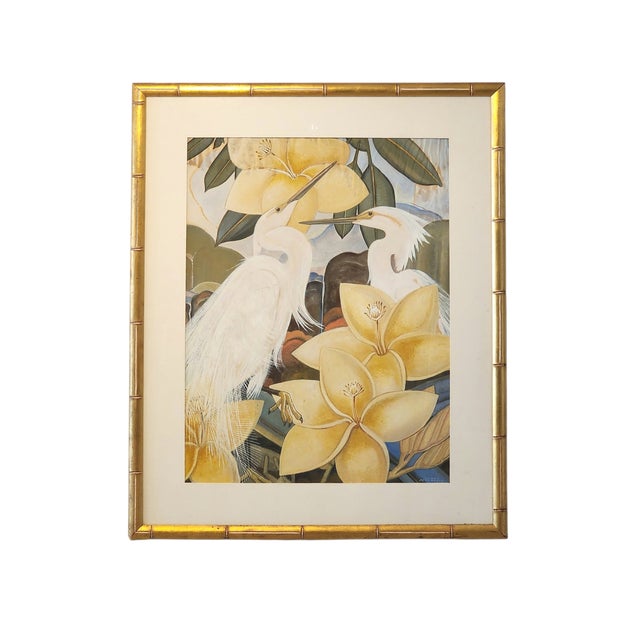 1940s Original Gouache Painting Egret Birds by James McCracken Signature Bamboo Framed Wall Art For Sale - Image 10 of 12