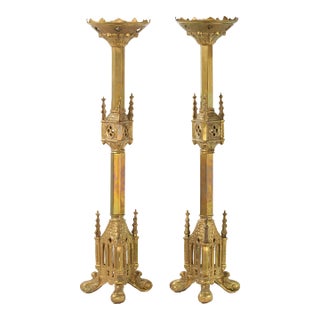Pair Antique Gothic Cathedral Brass Candlesticks For Sale