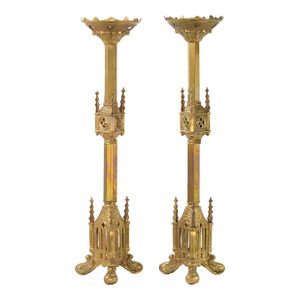 Pair Antique Gothic Cathedral Brass Candlesticks