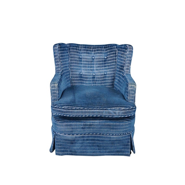 Mid-Century Modern Mid 20th Century Tufted Blue Upholstered Library Club Lounge Chair & Ottoman For Sale - Image 3 of 18