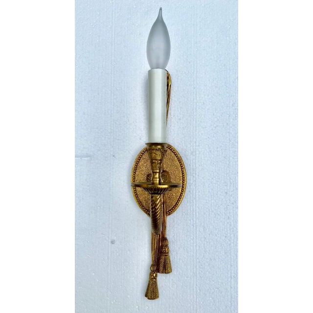 Vintage Solid Brass Electric Candle Stick Rope and Tassel Wall Sconce With Linen Shade For Sale - Image 10 of 14