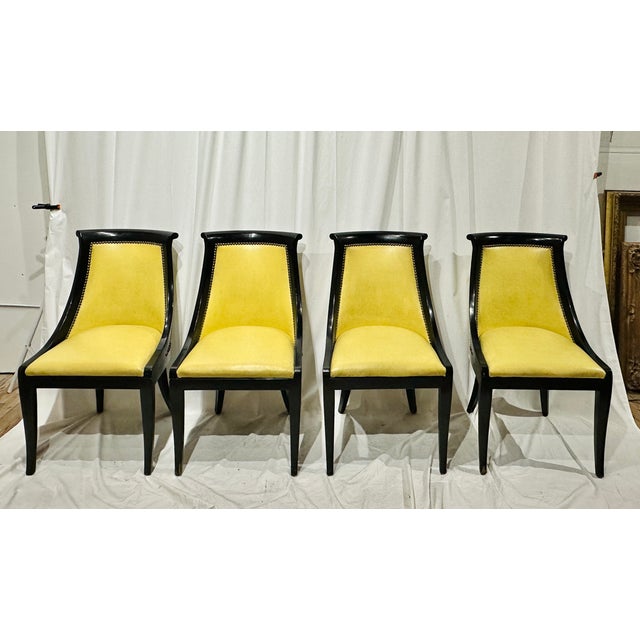 Hollywood Regency Late 20th Century Empire-Style Ebonized Black Lacquer & Yellow Leather Gondola Dining Chairs For Sale - Image 3 of 8