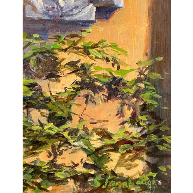 Garden Shadows by Sheri Farabaugh | Oil Painting of a mirror surrounded by greenery and wall. For Sale - Image 4 of 5