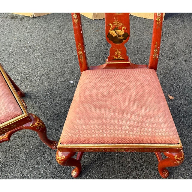 1950s Mid-Century Italian Venetian Red Lacquer Chinoiserie Hand Painted Side Chairs, Pair For Sale - Image 5 of 6