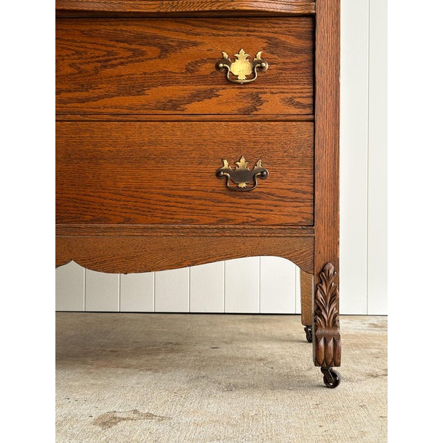 Wood Antique Oak Serpentine Chest With Original Casters and Brass Hardware For Sale - Image 7 of 17
