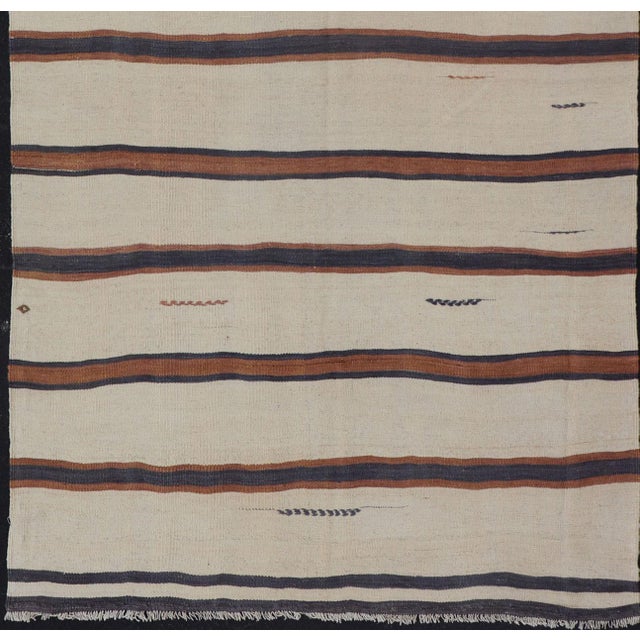 Turkish Vintage Kilim Rug Ivory Brown Striped Anatolian Flatweave Wool For Sale - Image 10 of 12