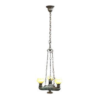 Aesthetic Movement Figural Bronze \Chandelier With Owl & Quezal Shades C1900 For Sale