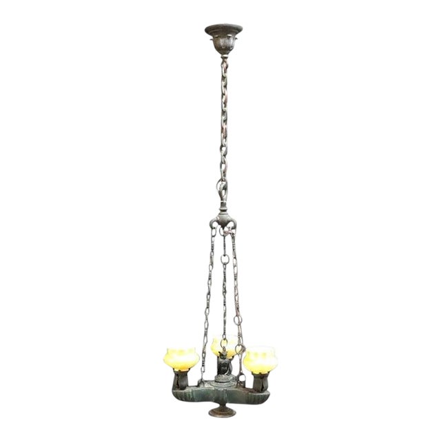 Aesthetic Movement Figural Bronze \Chandelier With Owl & Quezal Shades C1900 For Sale