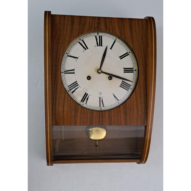 Vintage Teak Mechanical Pendulum Wall Clock Mid‑Century Modern Ejs Dial For Sale - Image 10 of 14
