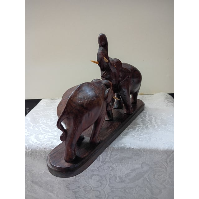 Art Deco Vintage Hand-Carved Rosewood Fighting Elephants Sculpture on Base For Sale - Image 3 of 6