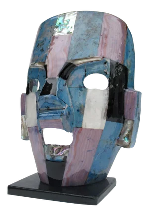 C.1970's Aztec Mexican, Mayan Tessellated Semi-Precious Stone Mask With Abalone & Mother of Pearl