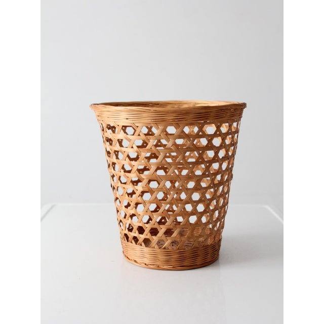 Mid-Century Modern Vintage Open Weave Wicker Waste Basket For Sale - Image 3 of 12