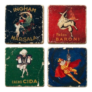 Vintage Italian Advertising Ceramic Coasters, Set of 4 | Ingham Marsala, Baroni & Cacao Cida For Sale