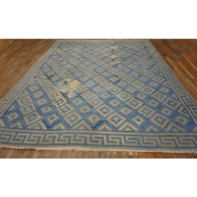 1930s Indian Cotton Dhurrie Carpet ( 10' x 12'2" - 305 x 371 ) Antique Dhurrie Room Size Cotton Blue Rug, Circa Date:...