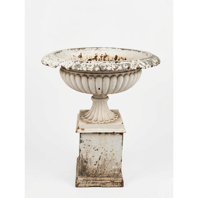 Victorian Pair of 19th Century Victorian White Painted Cast Iron Garden Urns on Pedestals For Sale - Image 3 of 12