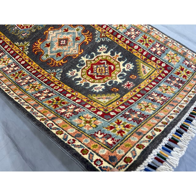Charcoal Gray and Blue Chobi Wool Runner Rug With Tribal Medallions, 2'9" X 6'5" For Sale - Image 14 of 16