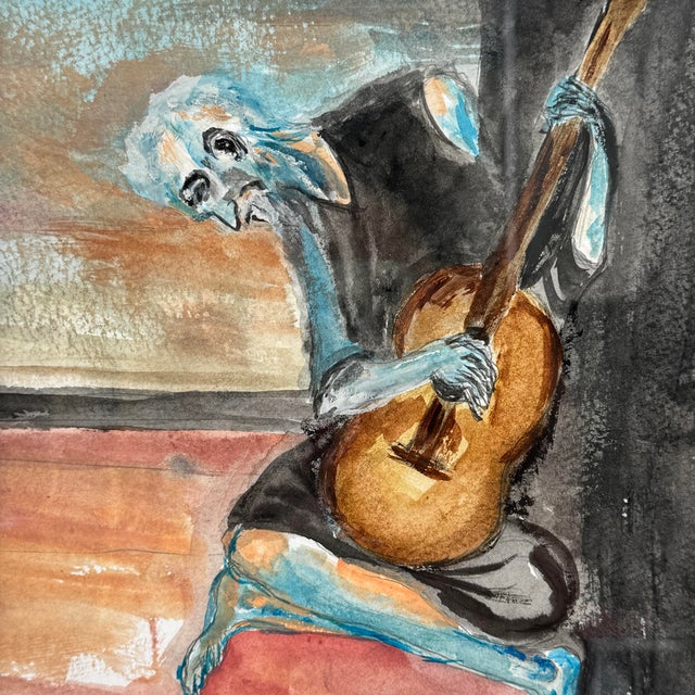 Signed Original Watercolor After Picasso Old Guitarist Framed For Sale - Image 4 of 11