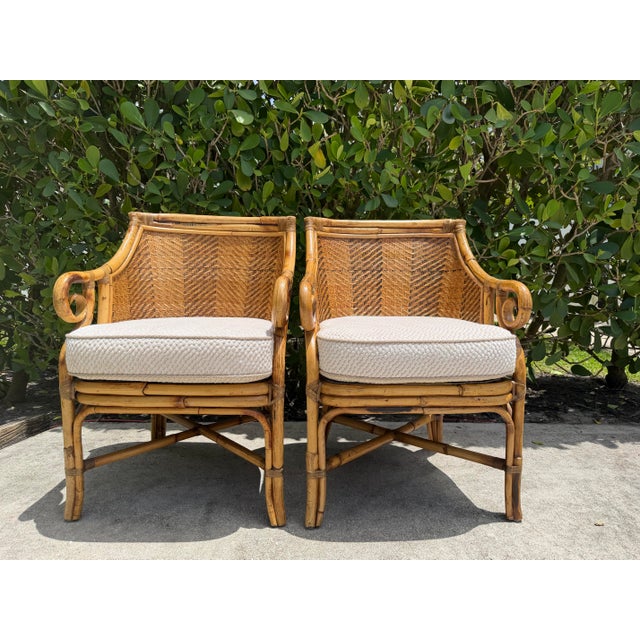 Henry Link Vintage Henry Link Saint Andrews Scroll Arm Rattan Club Chairs - A Pair For Sale - Image 4 of 12