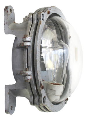 Vintage French Industrial Grey Cast Iron and Clear Glass Wall Light