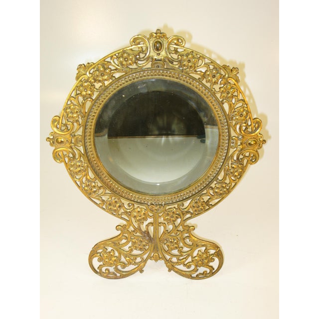 Late 19th Century Beveled Glass Mirror Gold Gilt Pierced Antique Aesthetic Movement, Victorian Table Wall Gilded Cast Iron Reticulated For Sale - Image 9 of 15