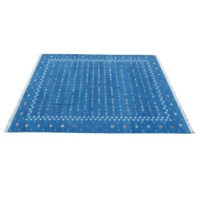 Handmade Reversible Cotton Vegetable Dyed Denim Blue Shooting Star Rug-12'x15' For Sale - Image 11 of 11
