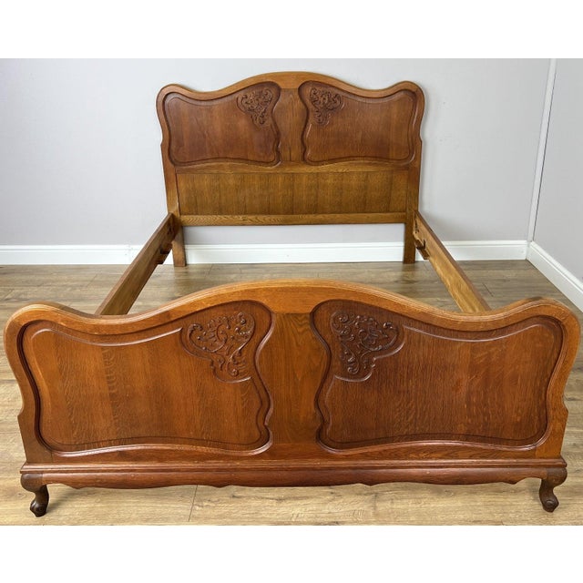 Vintage French Louis XVI Oak Double Bed Frame with Carved Headboard For Sale - Image 13 of 13