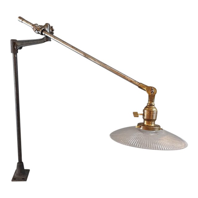 Antique o.c. White Desk or Wall Lamp W/ Holophane Shade For Sale