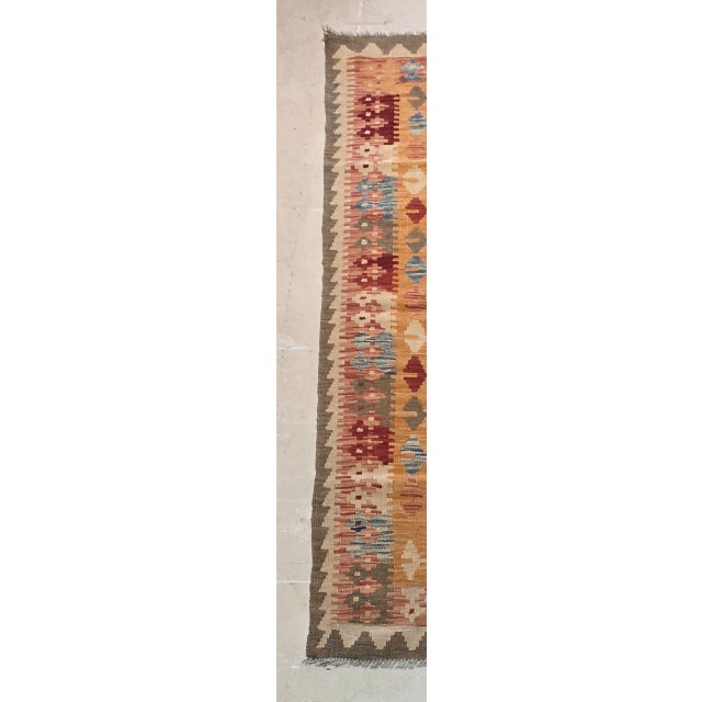 1970s Vintage 1970s Afghan Maimana Kilim Rug – Rust, Mustard Gold, Burgundy & Dusty Blue – 4’ X 6’ For Sale - Image 5 of 6