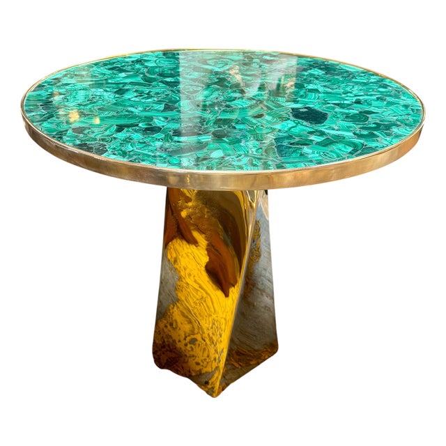 Contemporary Round Malachite Stone Top Dining Table With Solid Brass Base For Sale