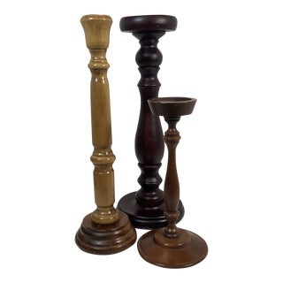 Set of 3 Mid 20th Century Wood Candlestick Holders For Sale