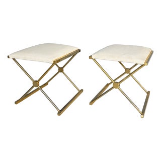 Italian Modern Stools in Gilt Metal and White Fabric, 1980s, Set of 2 For Sale