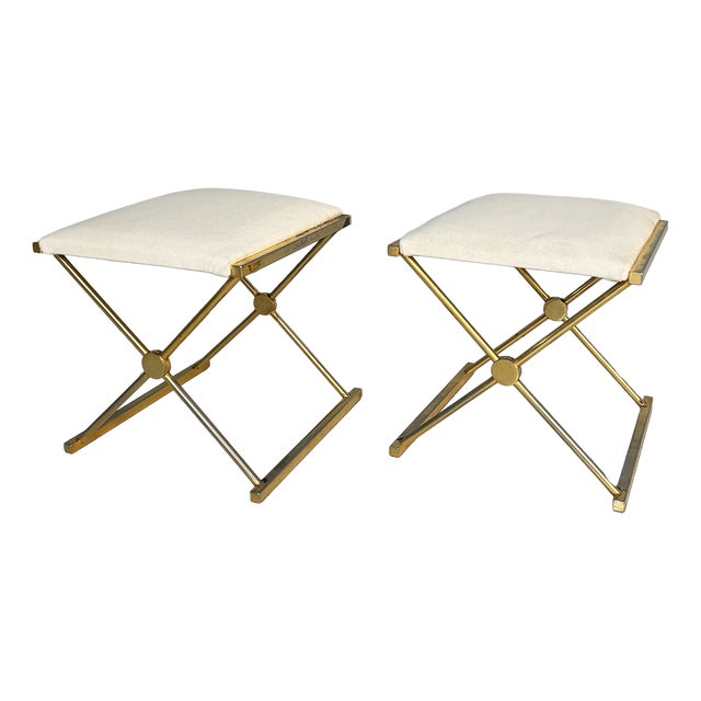 Italian Modern Stools in Gilt Metal and White Fabric, 1980s, Set of 2 For Sale