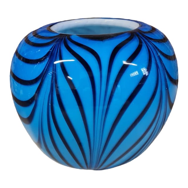 Murano Glass Fenicio Vase | Cased Lattimo Blue & Black, Handmade in Italy For Sale